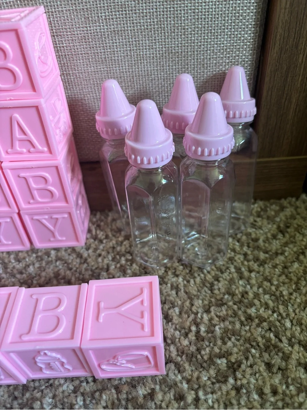 Girl Baby Shower Favor Decorations Pink Baby Letter Blocks and Bottles